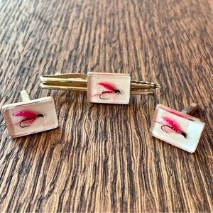 Hickok Fly Fishing Lure Glass Cuff Links Tie Clasp Hand Wrapped Red Feather Hook